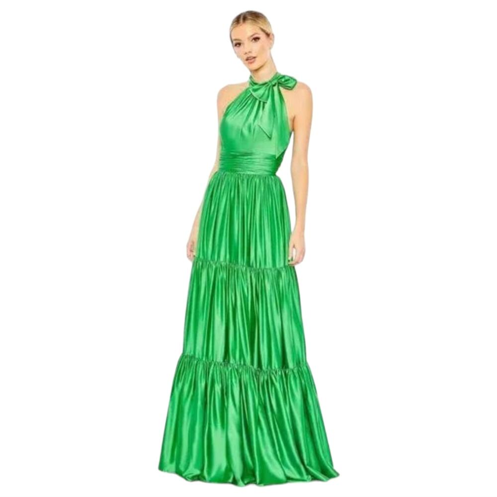 Mac Duggal 50658 Green‎ Satin Tiered Sleeveless Halter Gown Plus Size 24 NWT